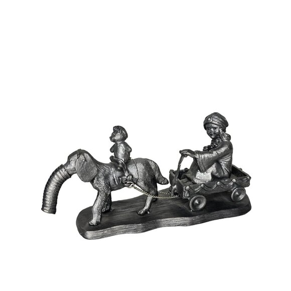 Vintage Michael Ricker 1984 Pewter Figurine Boy Riding dog Elephant Pulling Wago - Picture 10 of 10